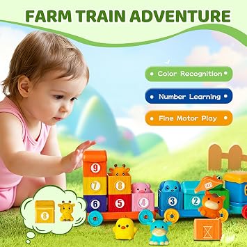 Montessori Toys Farm Train Set, Toddler Toys for 1 2 3 Year Old Boys Girls