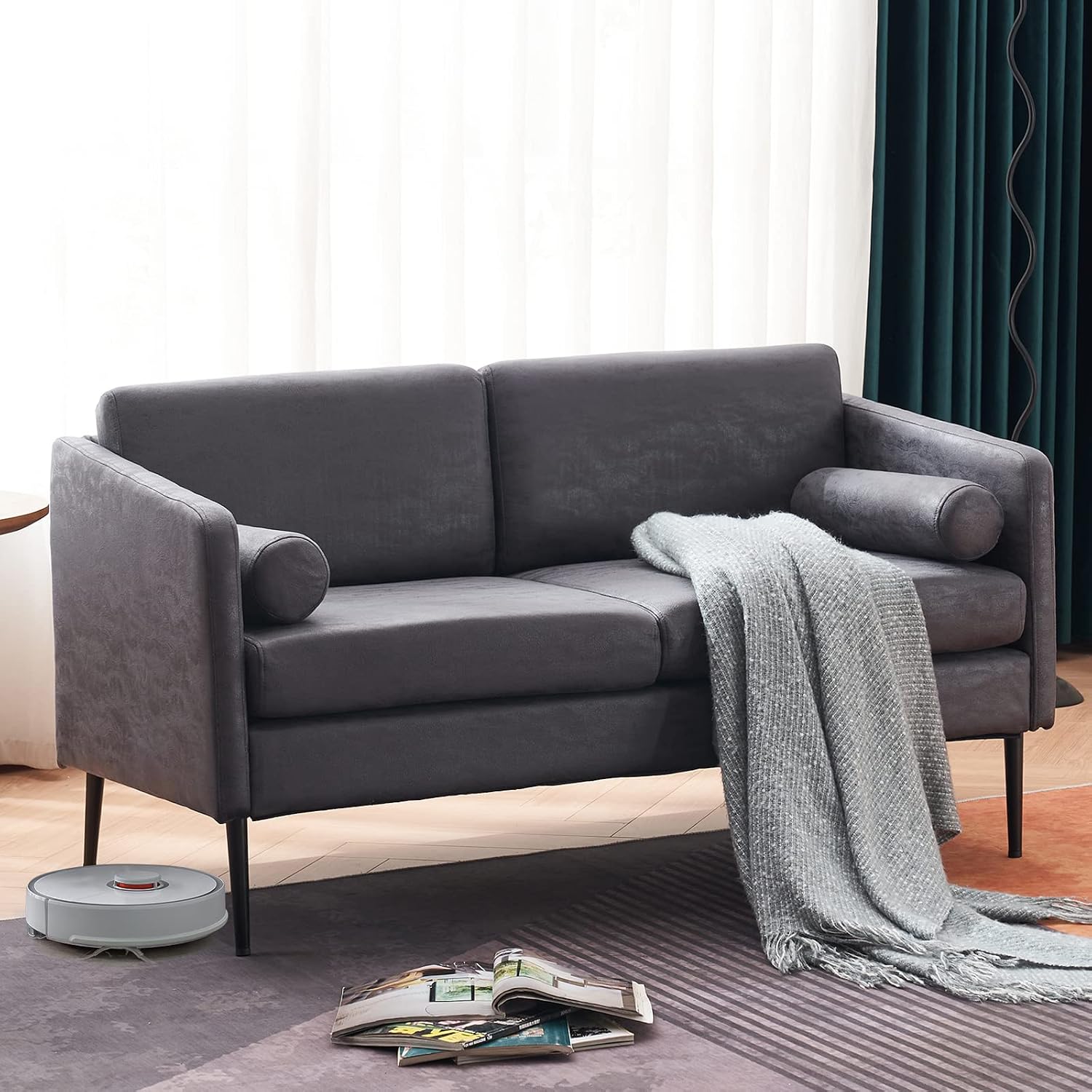 VINGLI 52" W Deep Couches for Living Room, Mini Modern Mid Century Tufted Futon Sofa Loveseat Industrial Microfiber 2 Barrel/Bucket Seater Sofas for Bedroom, Office, RV, Loft, Small Spaces, Dark Grey