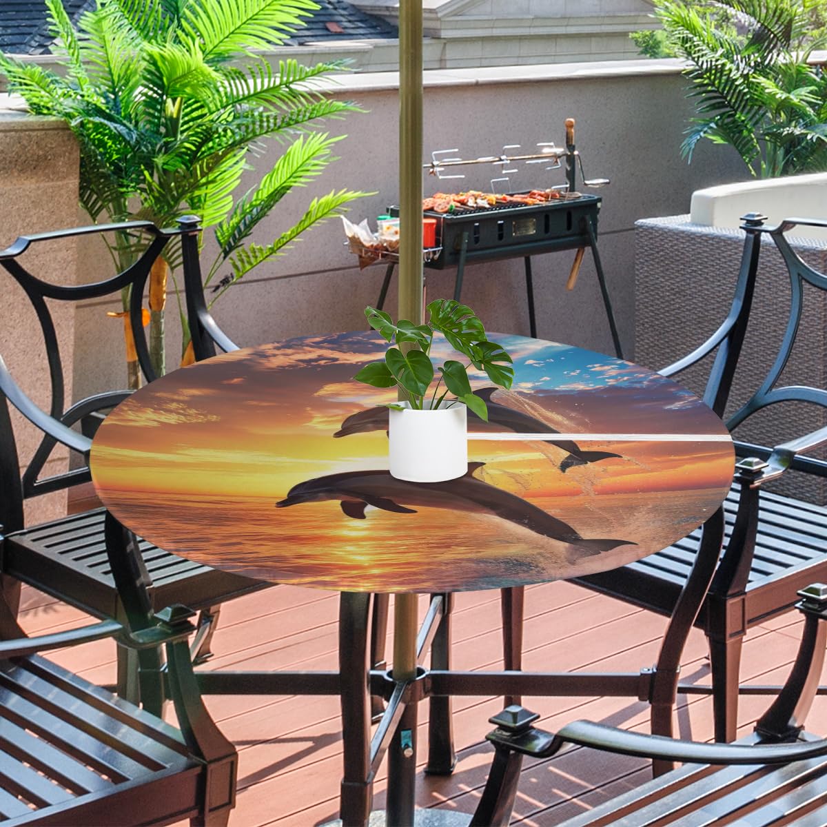 YPPAHHHH Round Outdoor Fitted Tablecloth with Umbrella Hole, Dolphin Sunset Elastic Table Cloth Ocean Dolphin Waterproof Table Cover with Zipper for Patio Picnic, 45