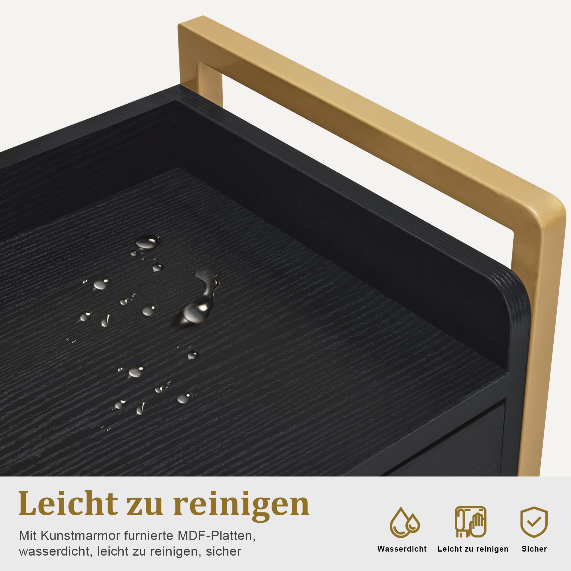 M MCombo Friseurwagen mit Rollen & 3 Schubladen, Rollwagen Servierwagen, Salon Trolley, 30x40x95cm, Schwarz-Gold