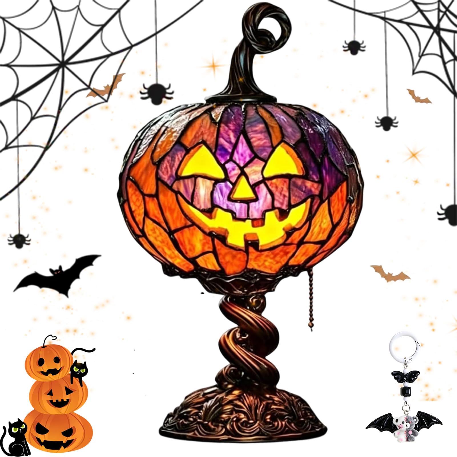 Stained Glass Halloween Pumpkin Table Lamp, Jack-O-Lantern Light (1pc)