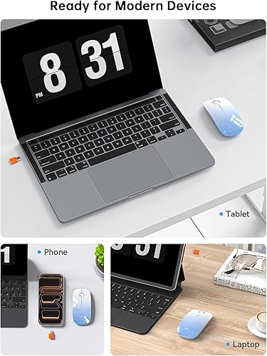 Miniatura 4 de RAPIQUE Mouse inalámbrico USB C para dispositivos tipo C, mouse delgado degradado azul cielo, clic silencioso, 800/1200/1600 DPI, alimentado por