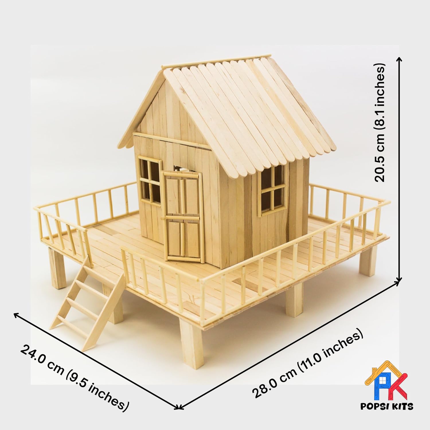 Popsicle Stick Cottage Model Kit – 350+ Pre-Cut Wooden Pieces – Rustic DIY House Craft for Kids and Adults – Complete Kit [Everything Included] by POPSI KITS