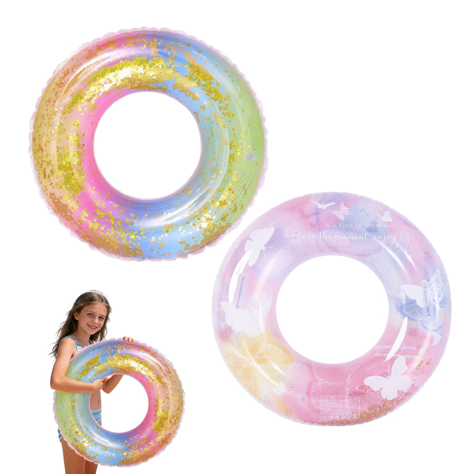 LEBKFT 2Pcs Swimming Ring for Kids, 60cm Thick PVC Pool Floats Sequins Swimming Rubber Ring Durable Inflatable Leak-Proof Floaties for 3-6 Kids Summer Pool Beach Party Toys Water Activities (Type A)
