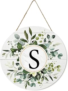 Smile Monogram Letter S Wreaths Wooden Welcome Sign, Family Last Name Initial Front Door Wall Decoration, Floral Spring Summer Porch Rustic Home Kitchen Decor