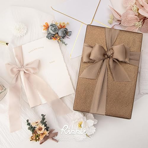 Miniatura 2 de Ribbli Cinta de Satén de Seda Marfil Champán de 1.5 Pulgadas x 30 Yardas Cinta de Gasa Deshilachada Hecha a Mano para Envolver Regalos Invitaciones
