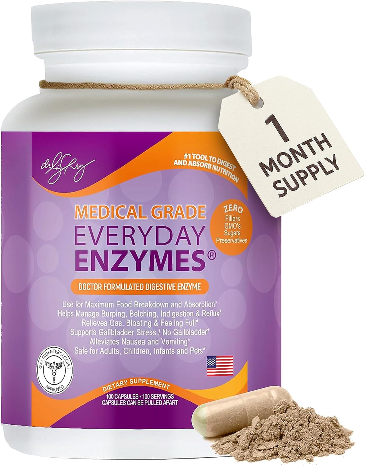 Dr. Liz Cruz Everyday ENZYMES – Digestion Supplement, Dietary Supplements, Medical-Grade Super Enzymes, Bloating, Gas and Reflux Relief for Women, Men, & Children Non-GMO, 100 Veggie Capsules