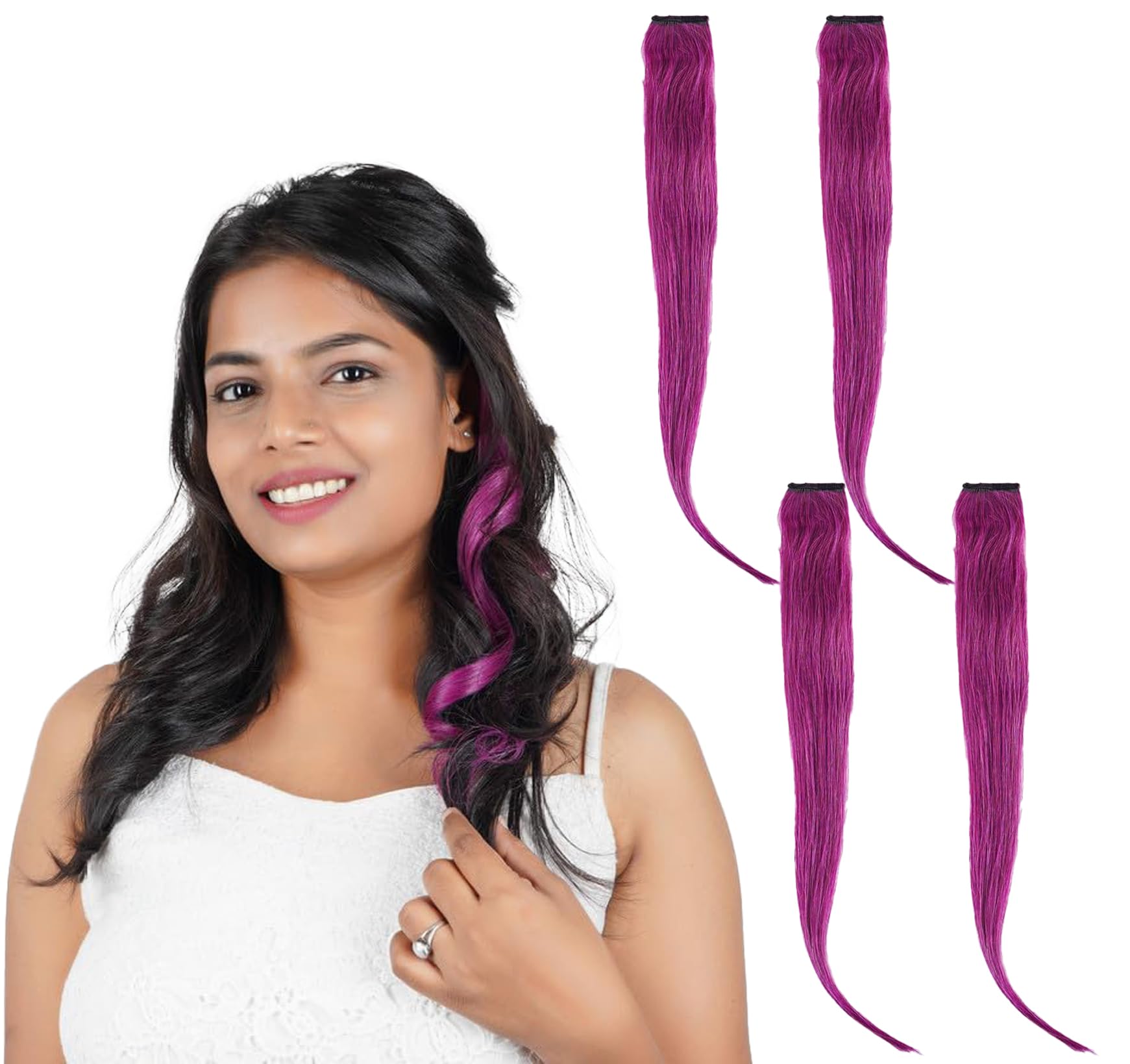 RefynHair - Funky Highlights Natural Human Hair Wine Color 20 Inches long Streaks Extensions With Pack of 4 Highlighter For Women And Girls Hair Extension