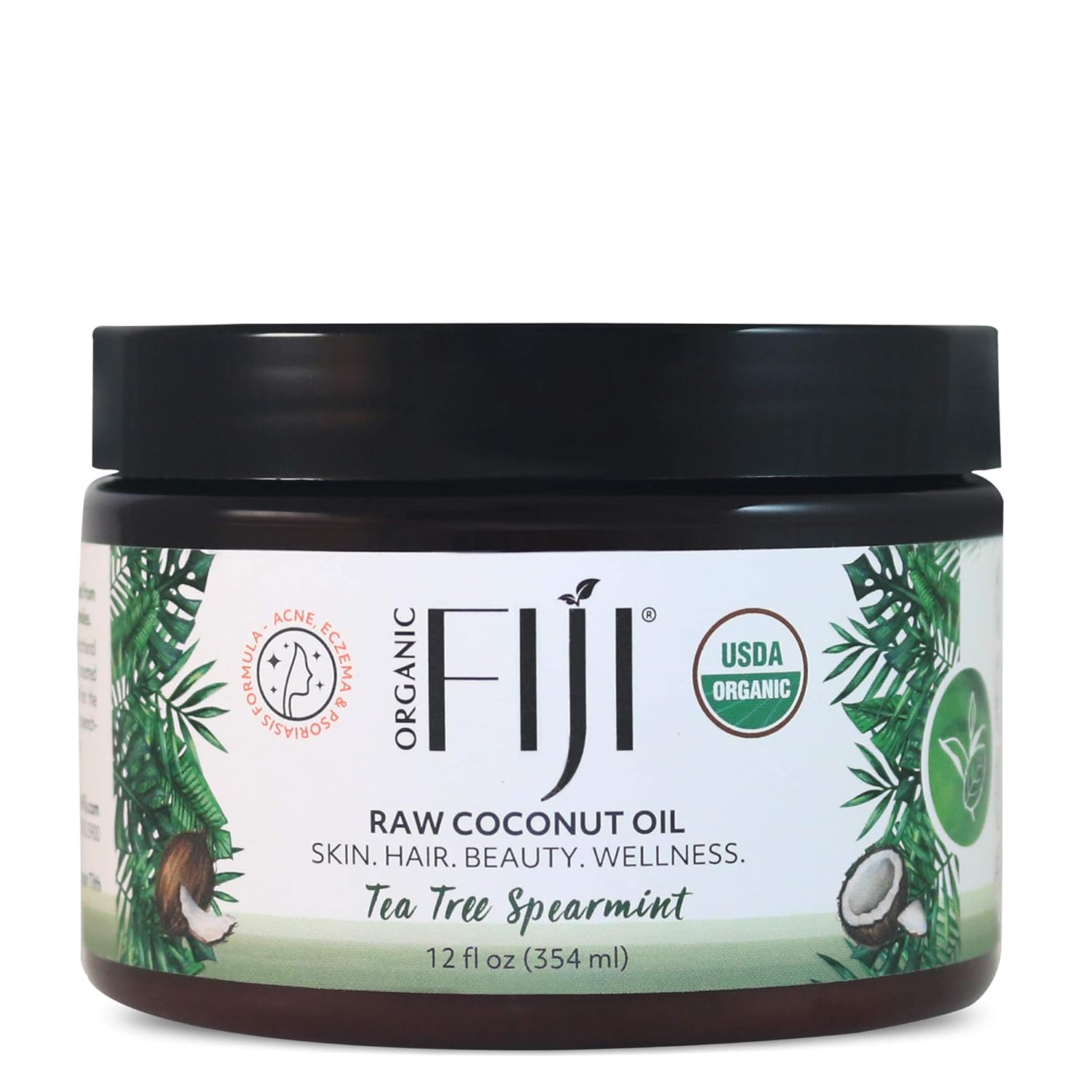 Organic Fiji Raw Cold Pressed Coconut Oil for Hair, Skin, Face & Body | Relaxing Massage Oil | Tea Tree Spearmint,12 oz for Women Men & Baby