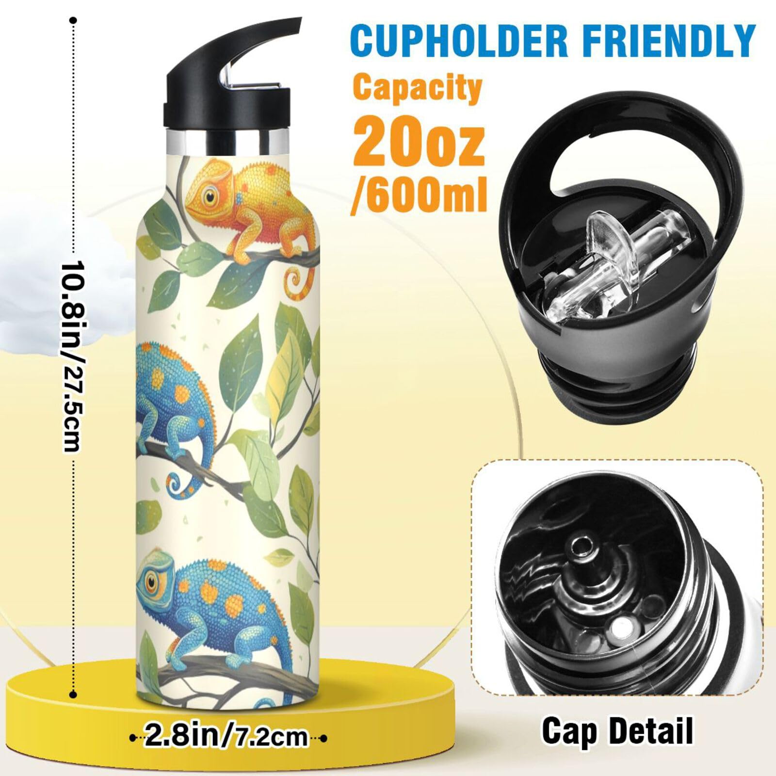 Jucciaco 20 oz Chameleon Pet Reptile Lizard Water Bottle with Straw Lid 304 Stainless Reusable Insulated Bottles