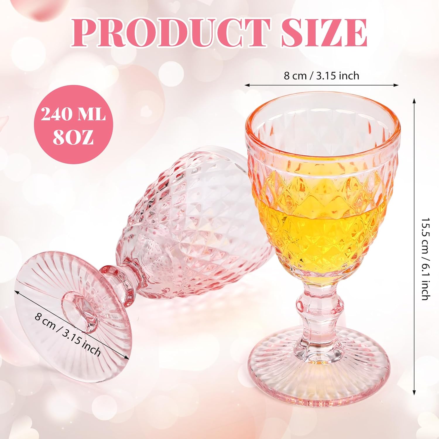 Lallisa 6 Pcs Pink Wine Glass Set Vintage Glassware Pink Goblets 8 oz Embossed Drinking Glass with Stem High Clear Stemmed Cups Goblet for Wedding Party Banquet Feast Bar, Daily Use - Image 2