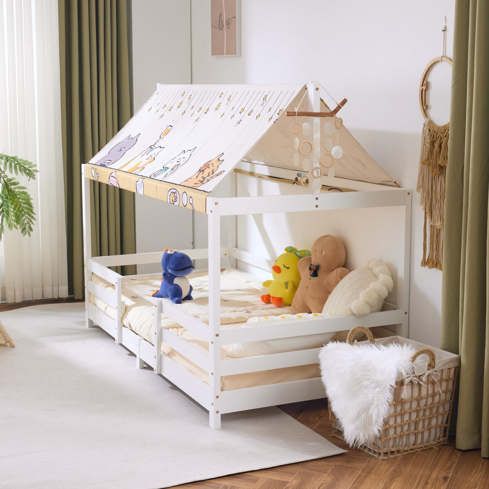 LEADZM Kinderbett Bodenbett 90x200 cm, Kinder Bett Mit Stoffhimmel (Weiß) | Kinderbetten inkl. Rausfallschutz & Lattenrost, Bodenbett Kinder bis 200 kg