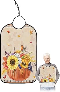 Kewadony Adult Bibs for Elderly Women - Thanksgiving Waterproof Dining Clothing Protectors with Crumb Catcher for Eating/Feeding, Pumpkin Sunflower Maple Leaf Fall Harvest Orange Terry Cloth Bib