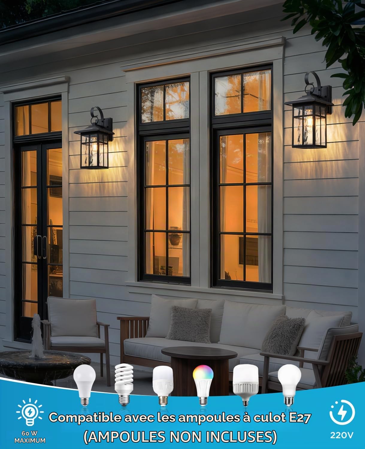 FTL Applique Murale Exterieur, Noir Mat Porche Lampe Exterieur avec Verre Ondulé Par l'Eau, E27 Luminaire Lanterne Exterieur, IP44 Étanche Éclairage Mural d'Extérieur pour Jardin, Terrasse
