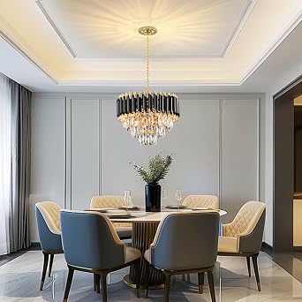 AHXIAOZN Modern Crystal Black Chandelier, 3-Tier Crystal Chandelier Light Fixture, Round Pendant Light, Raindrop Flush Mount Ceiling Light for Bedroom Living Room, E14x5 Bulb Ø40cm [Energy Class F]