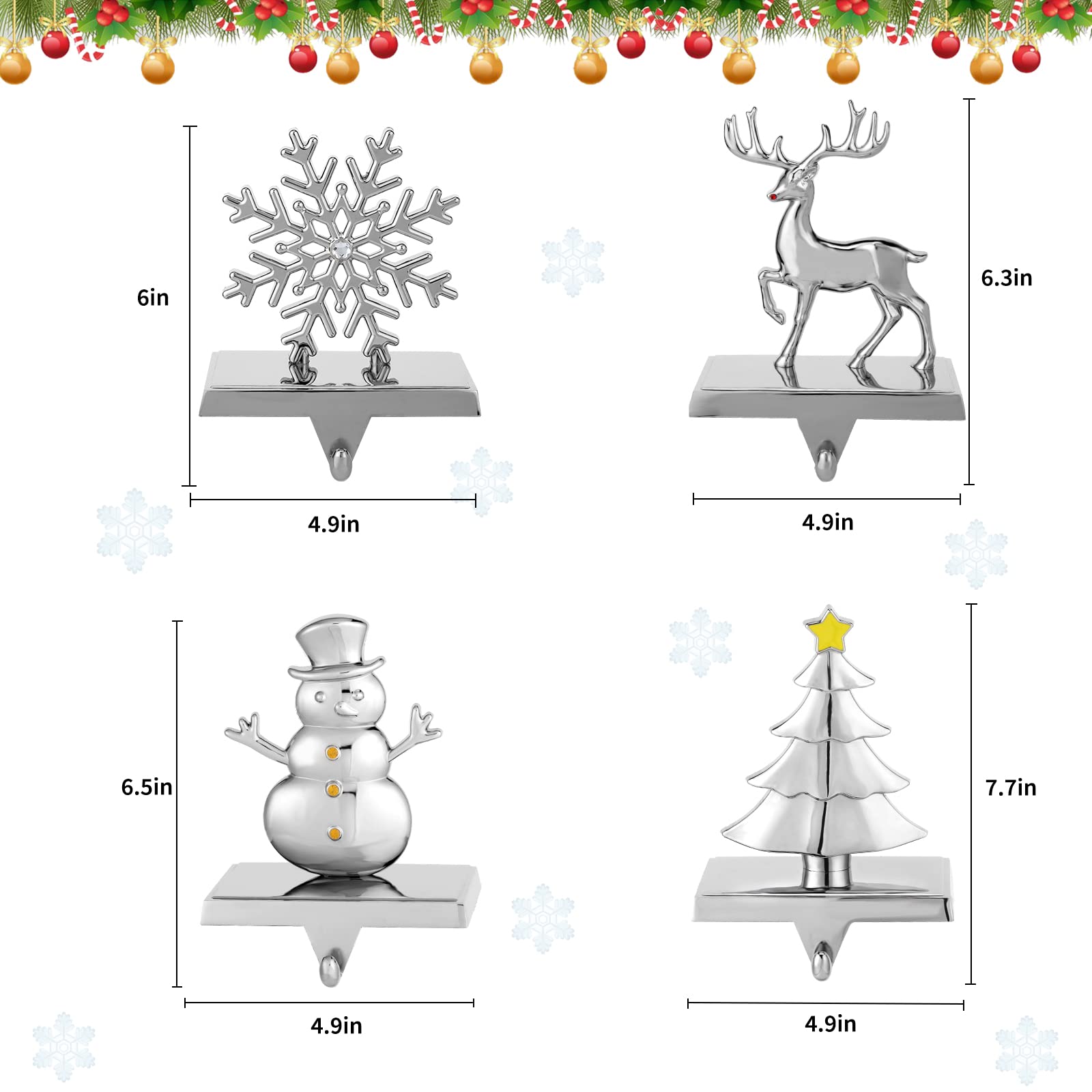 Set Of 4 Heavy Weighted Christmas Stocking Holders – Snowflake, Snowman, Tree, Deer Mantel Hooks (Silver)