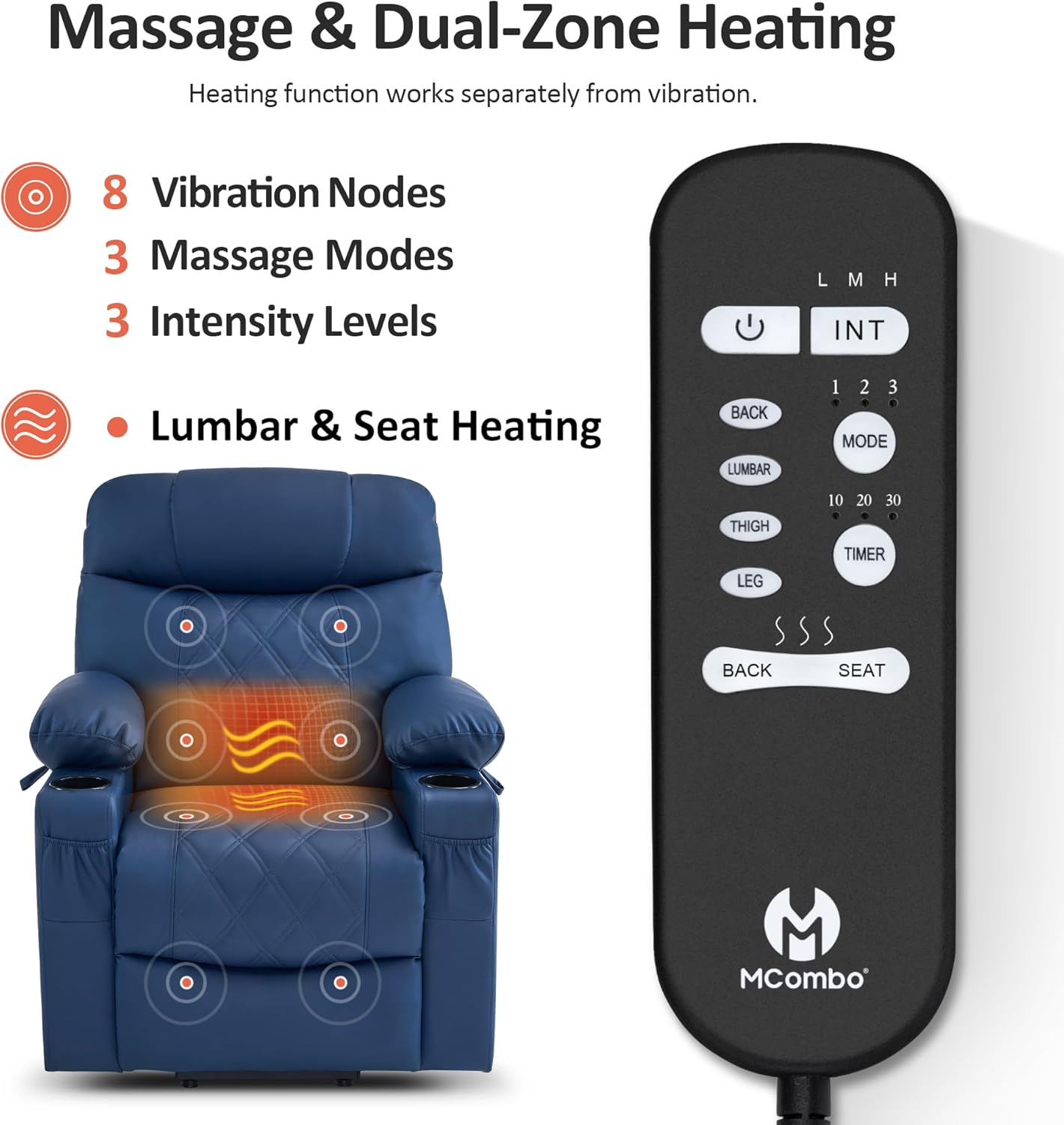 MCombo Small Power Lift Recliner Chair Sofa with Massage and Dual Heating, Adjustable Headrest for Elderly People Petite, USB Ports, Faux Leather 7111 (Blue)