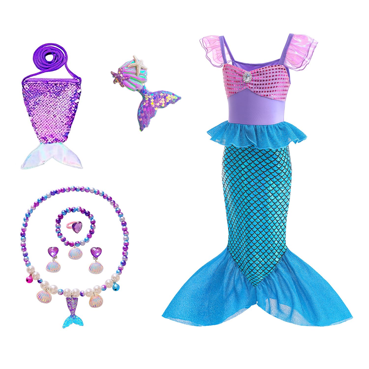 HEYOUTH Meerjungfrau Kostüm Mädchen,Meerjungfrau Kleid,Arielle Prinzessin Kostüm mit Zubehör,Karneval Geburtstag Thema Party Rollenspiel Ankleiden Halloween Outfit,für Kinder Mädchen Größe 2-13 Jahre