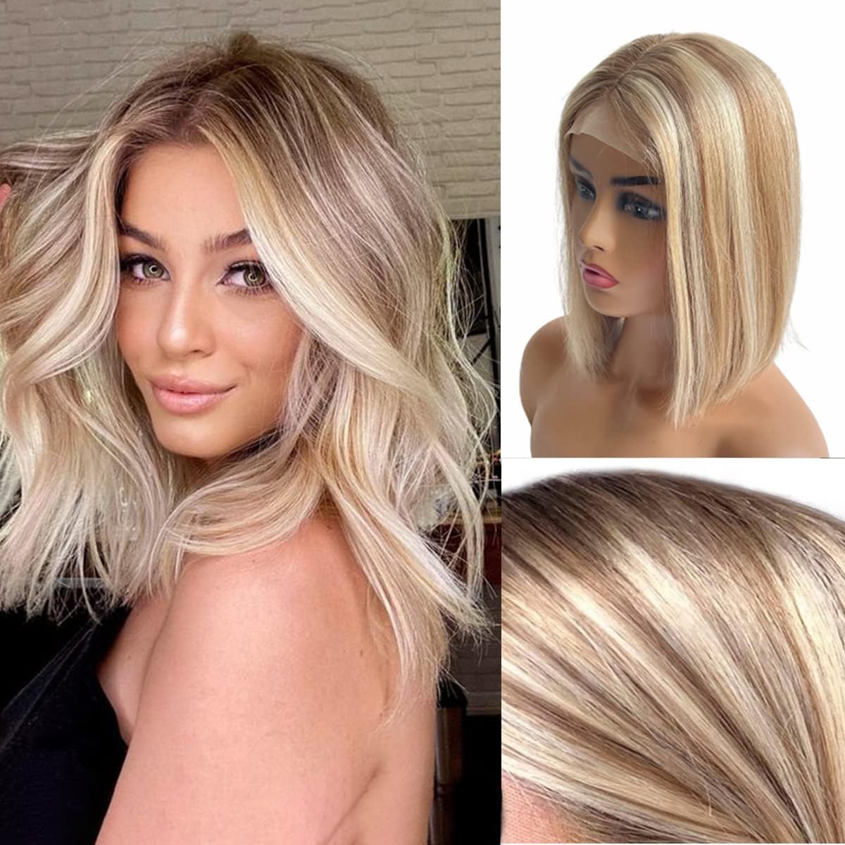 Highlight Lace Front Wigs Human Hair Pre Plucked Natural Hairline Ombre Blonde Straight Wig with Baby Hair Ombre Brown 4x4x1 Lace Closure Bob Wigs Bleached Knots 10"