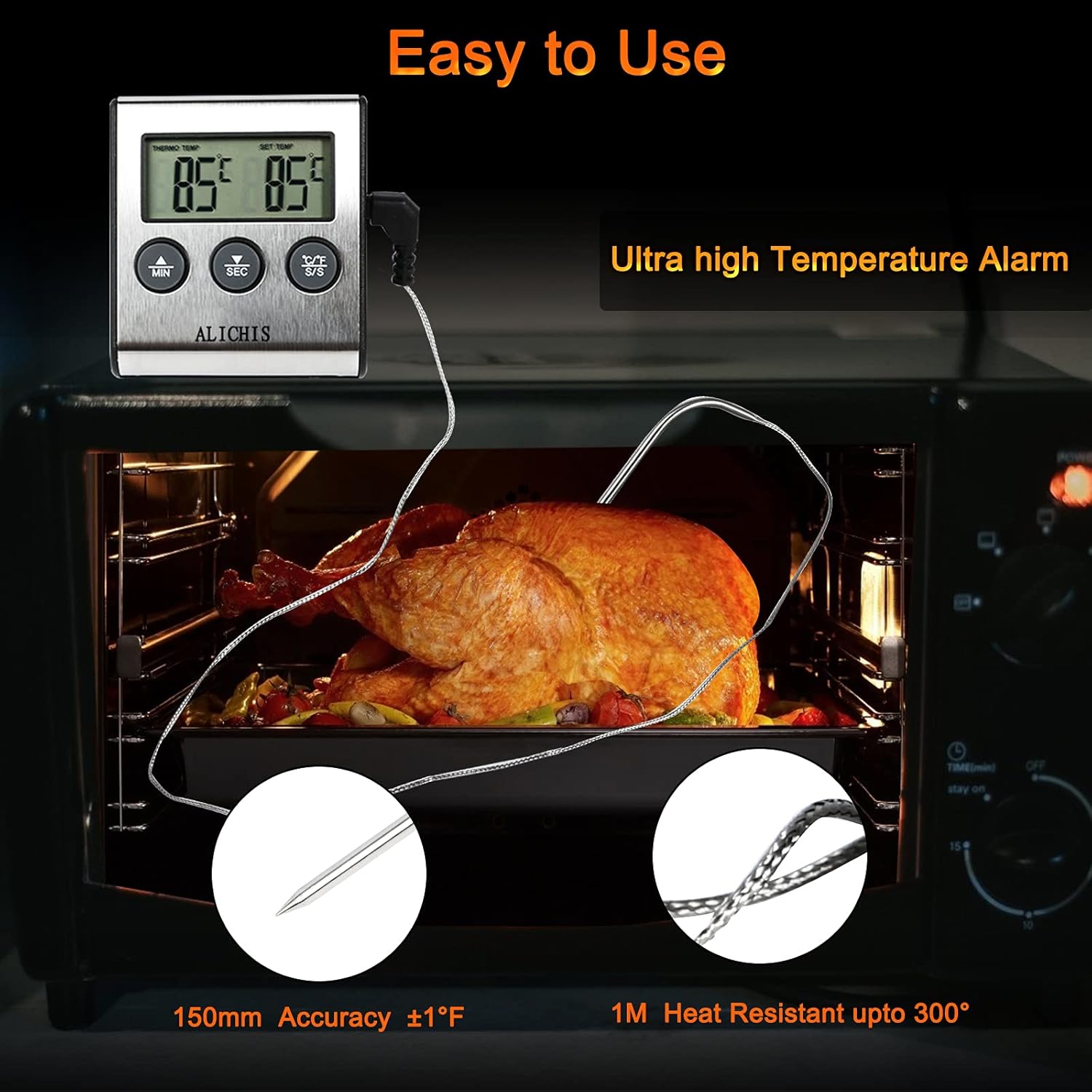 review ALICHIS A-02 Digital Meat Thermometer for Cooking and Grilling, Long Wired Probe BBQ Food Thermometer with Timer and Alert for Grill, Smoker, Barbecue, Oven, Baking, Oil