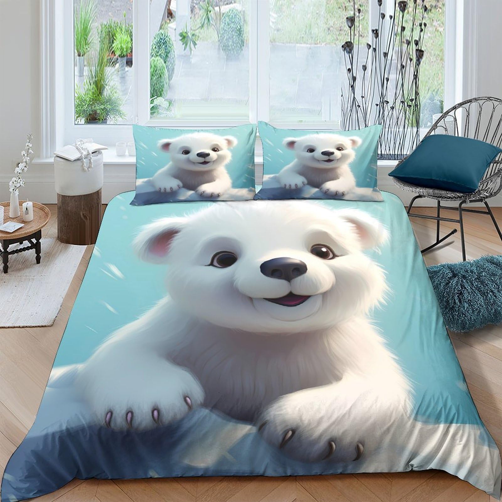 GPLZQXKJNH 3D Printed Cute Polar Bear Duvet Cover Microfiber Soft Breathable Arctic Animal Bedding Set with 2 Pillowcases for Bedroom Decor Single（135x200cm）