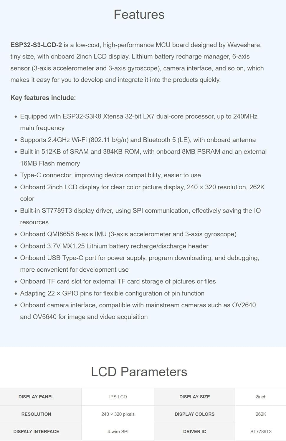 2inch ESP32-S3 Display Development Board, 240x320, IPS, 262K Color, 32-Bit LX7 2-Core Processor, Up to 240MHz Frequency, Support WiFi&BT, OV5640 Camera NOT Included @XYGStudy (ESP32-S3-LCD-2)