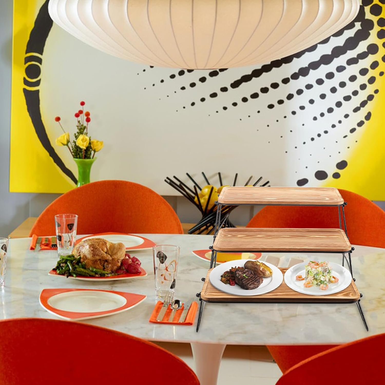 Wooden Tiered Serving Tray Set, 3pcs Pinewood Storage Rack with Removable Rustic Platter for Home Decor and Food Display