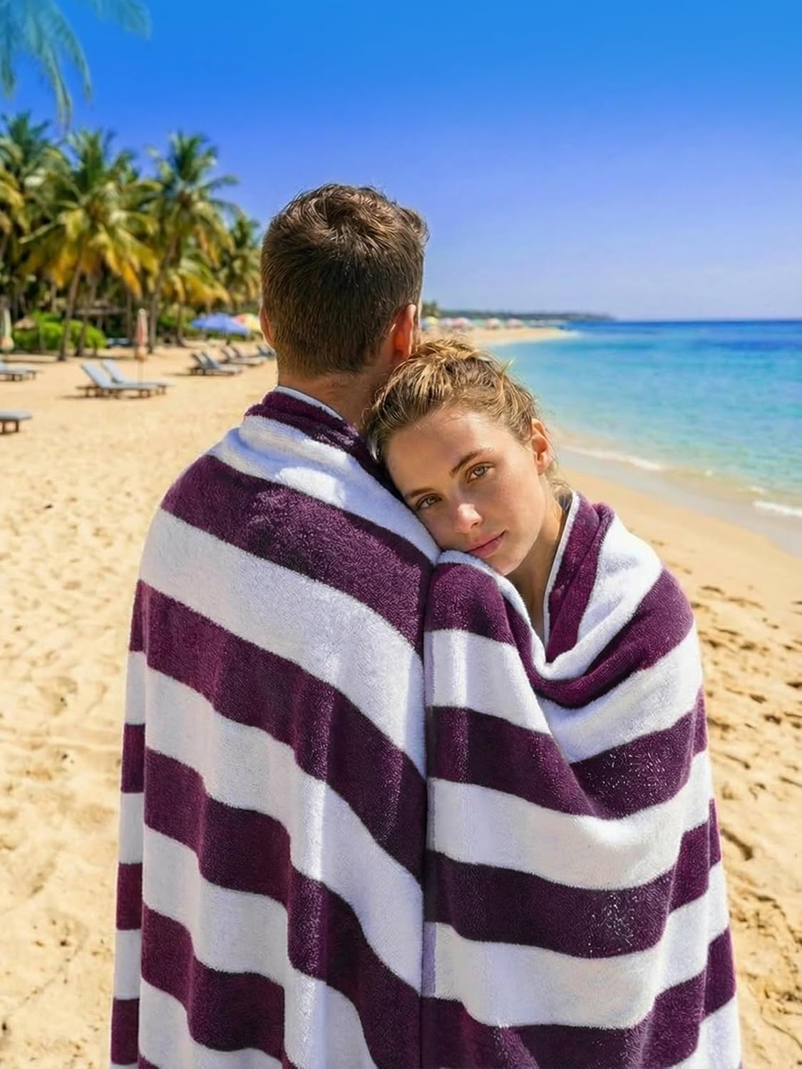 Utopia Towels Pack of 4 Cabana Beach Towels, Oversized 30 x 60 Inches Cotton Beach Towel Set, Smooth Ring Spun Texture for Pool and Swim Days, Modern Striped Design Bath Towels, Plum