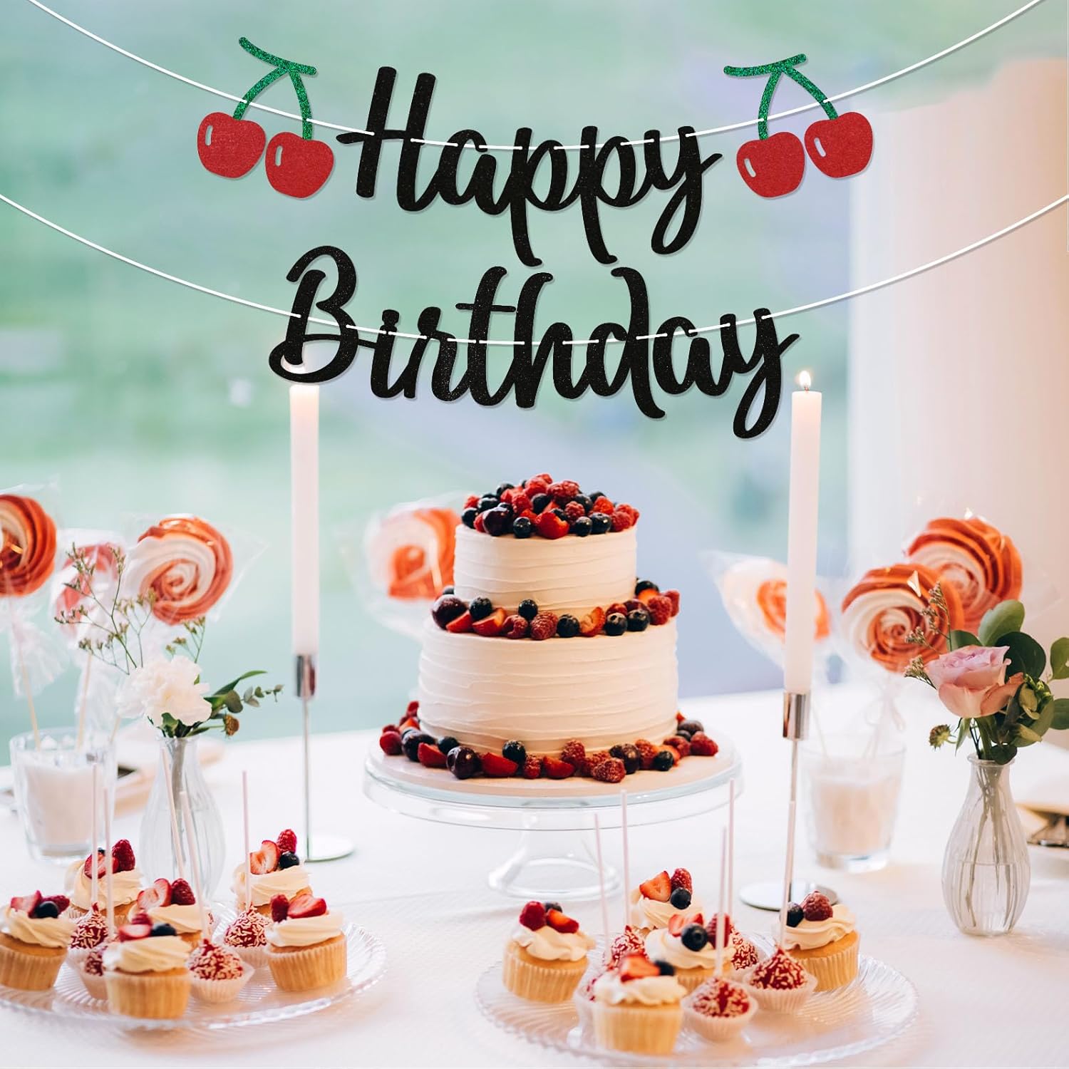 Cherry Birthday Banner - Cherry 1st Birthday Banner, Fruit Theme Bday Party Decorations Black Glitter