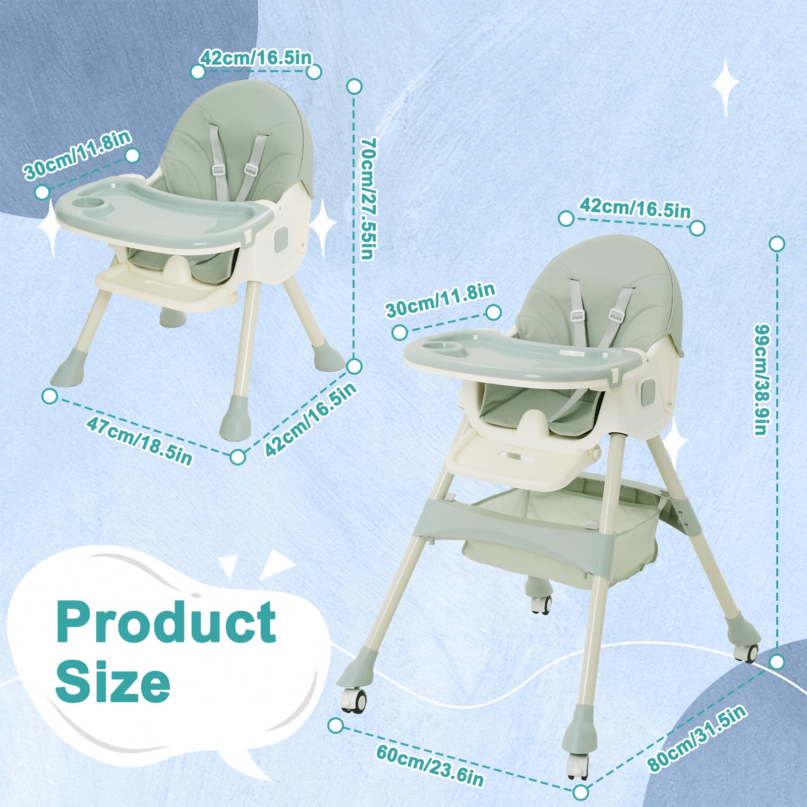 Chaise Haute Bébé Evolutive 3 en 1,Pliable,Inclinable,Double Plateau Détachable,avec Roues Universelles,3 Dossier Réglable et Ceinture de Sécurité à 5 points,Pour Bébé à partir de 6 Mois,Vert