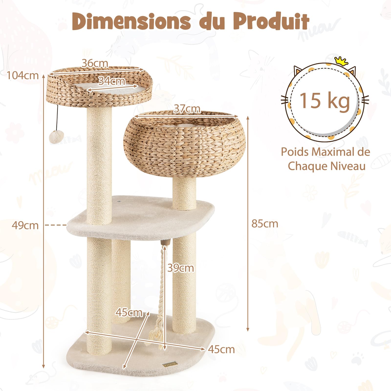 COSTWAY Arbre a Chat XXL 104 cm, Arbre a Chat Bois, 3 Poteaux à Griffer en Sisal,Tour pour Chaton 3 Plateformes, Panier, Pompon, Corde à Griffer (104 cm,Beige)