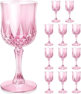 Plastic Wine Glasses, Disposable Plastic Goblets 7.1oz for Wedding Party Holiday, Unbreakable Wine Cups with Stem Vintage for Champagne, Juice, Cocktail (12pcs Pink)