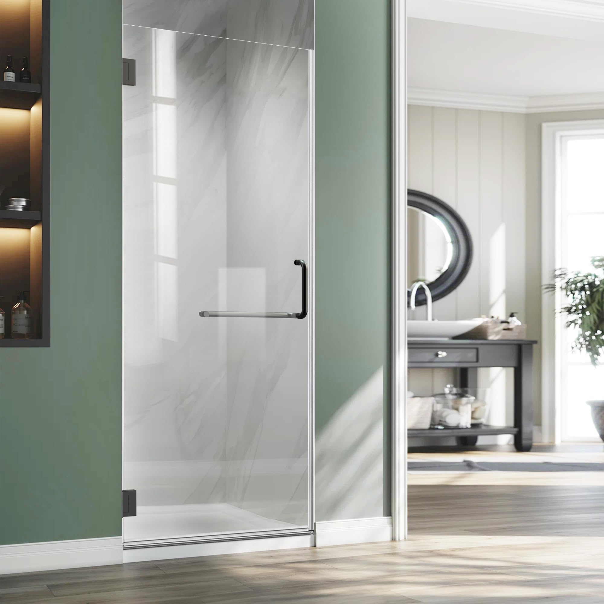 Hinged Shower Door, 32" W X 72" H Bathroom Shower Doors Clear Glass Shower Panel, 5/16" (8mm) Frameless Tempered Glass Shower Door in Matte Black with Handle and Seal Strip