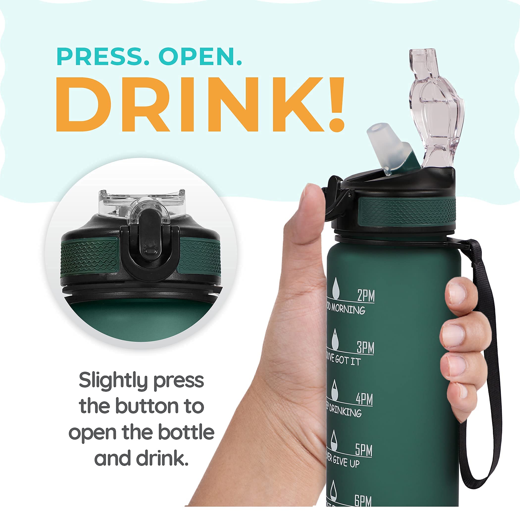 SOLARA Unbreakable Water Bottle 1 Litre with Motivational Time Marker, Leakproof Durable BPA-Free Non-Toxic Water bottle for office,Water bottle for gym | Detoxing eBook included | Hunter Green 2