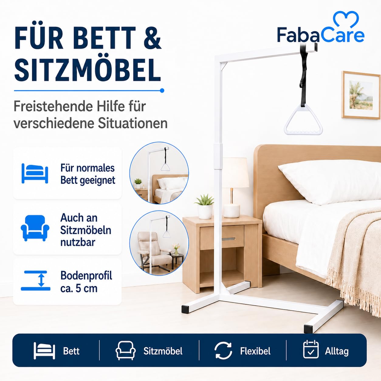FabaCare Bettgalgen freistehend bis 130 kg Körpergewicht Zwei Griffen, Zusatzgriff | mobiler Galgen für normales Bett | Aufrichthilfe, Bettgriff, Bettaufrichter mit Trapezgriff