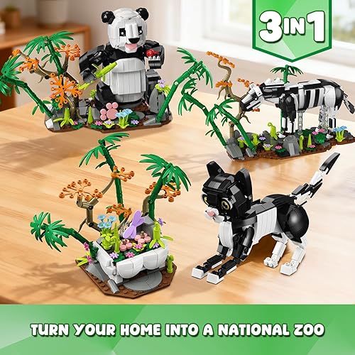 Miniatura 6 de Juego de construcción 3 en 1 de animales salvajes de panda, figuras de animales con 3 opciones de construcción, panda, gato, cebra, 724 piezas,
