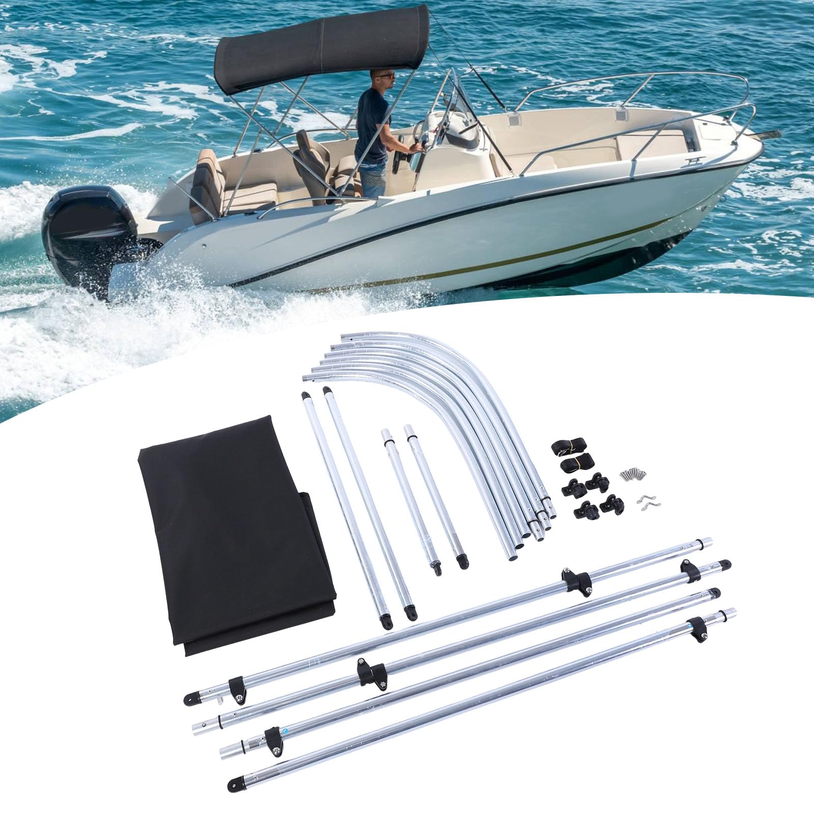 Canopato Barche, Copertura Barca a Bimini in Poliestere 600d 3 Bimini con Telaio in Lega Alluminio 1 in Runabout, Sostituzione Baldacchino Ombra Solare a Prova Acqua