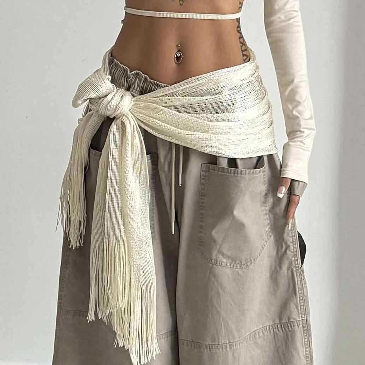 Women Fringe Scarf Belt Tie Waist Wrap Scarf Skirts Triangle Waist Tie Chain Tassel Hip Scarfs Shawls