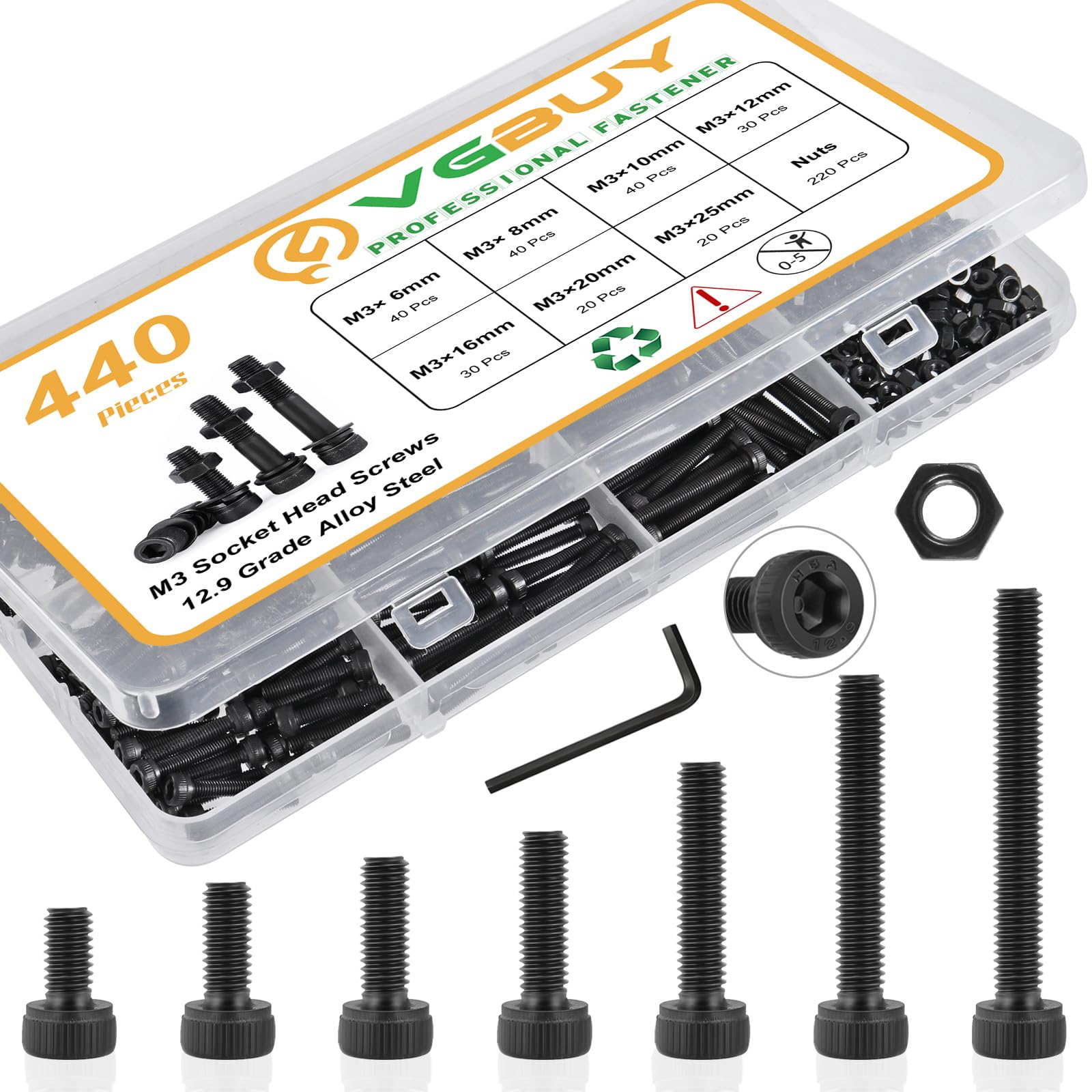 440Pcs M3 Screws Kit for 3D Printer DIY,220Pcs M3 Screw (6-25mm),220Pcs m3 Nut,Hex Socket Head Cap Small Metric Bolts Nuts Assortment,12.9 Grade Alloy Steel,Black Oxide, 6/8/10/12/16/20/25mm