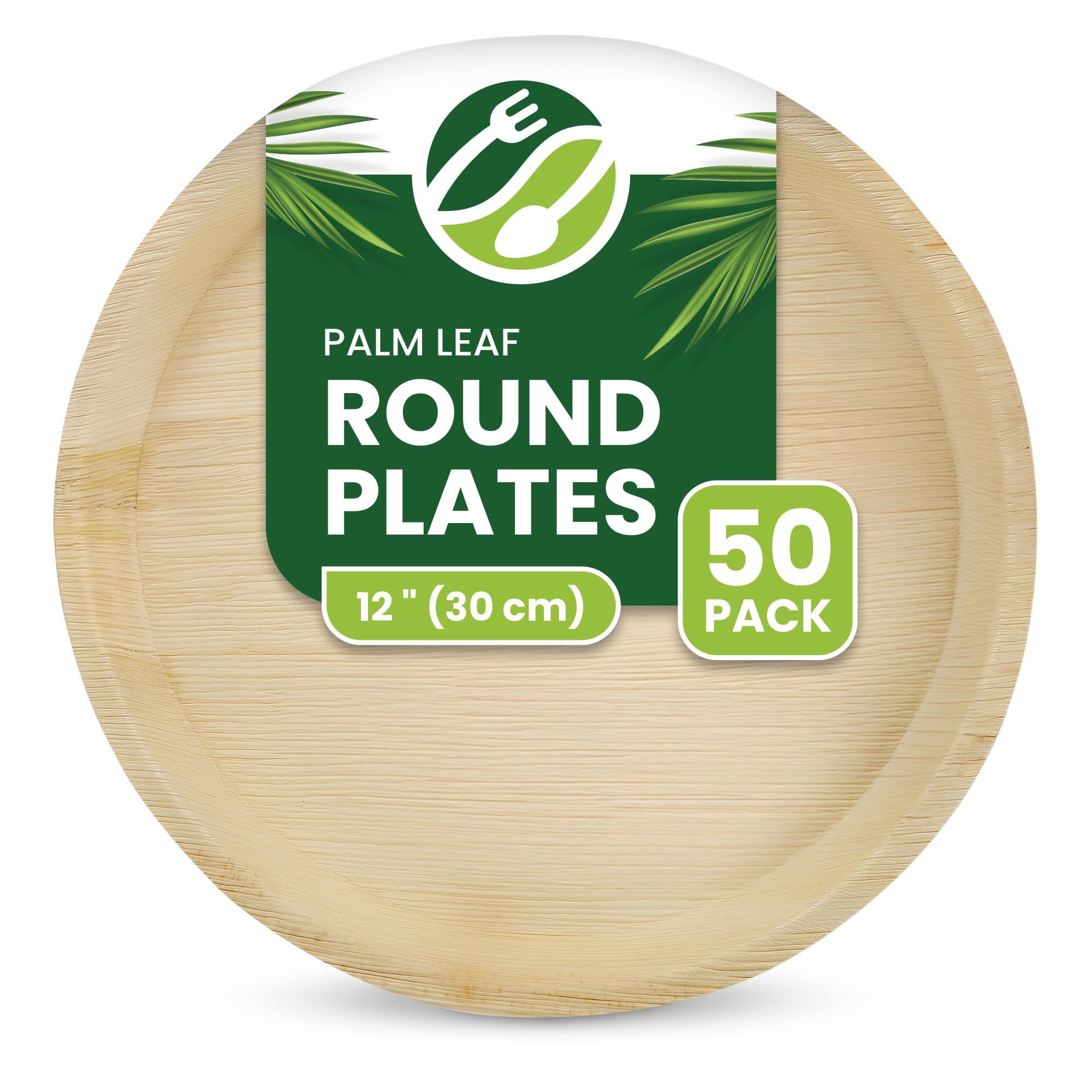 ECO Leaf 50 Disposable Palm Leaf Plates | 12”(30cm) Round Compostable Dinner Plates | Eco-Friendly, Biodegradable Heavy-Duty Plate for Wedding, Party & Picnic |Microwave & Oven Safe