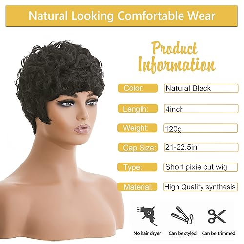 Miniatura 2 de DOcute Peluca corta de corte Pixie Afro, peluca negra natural para mujeres negras, pelucas cortas para mujeres africanas, pelucas cortas Pixie para