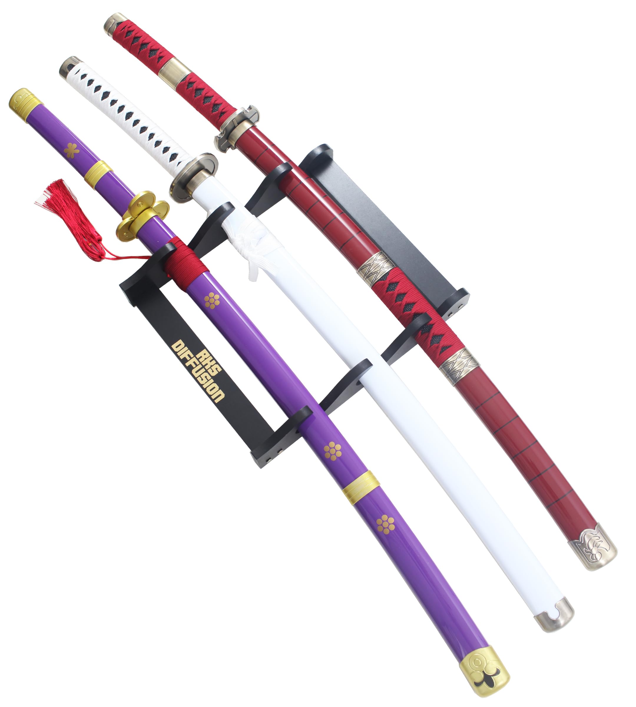 Pack 3 Katanas One Piece en Bois - Lame Zoro Sabre Epee Enma Wado Kitetsu - Cosplay Camping + Présentoir