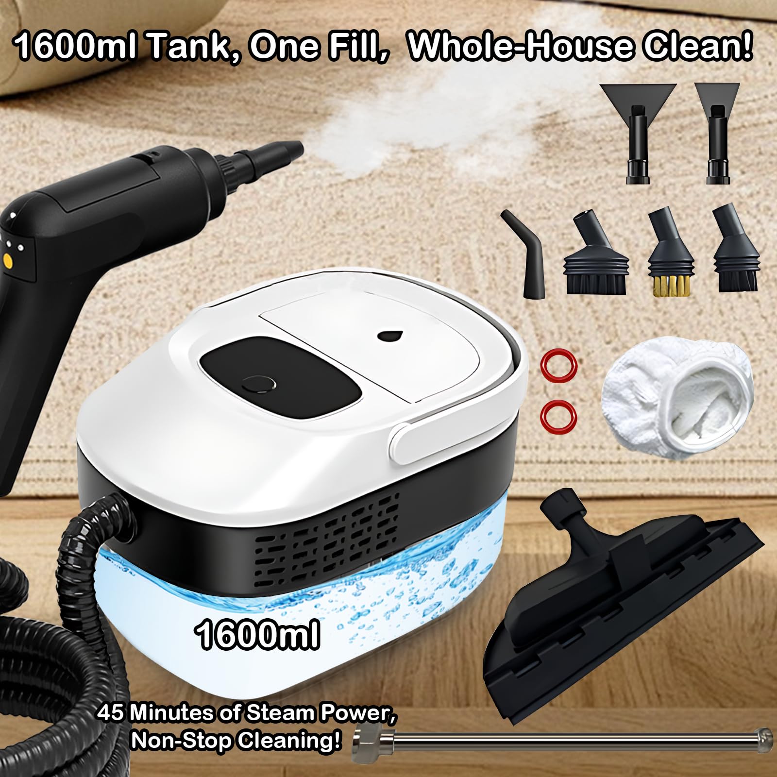 Pulitore a vapore professionale per tutto, 15 secondi, riscaldamento a 360°, potente pulizia a vapore per auto, bagno, cucina, tappeti, tappezzeria con accessori