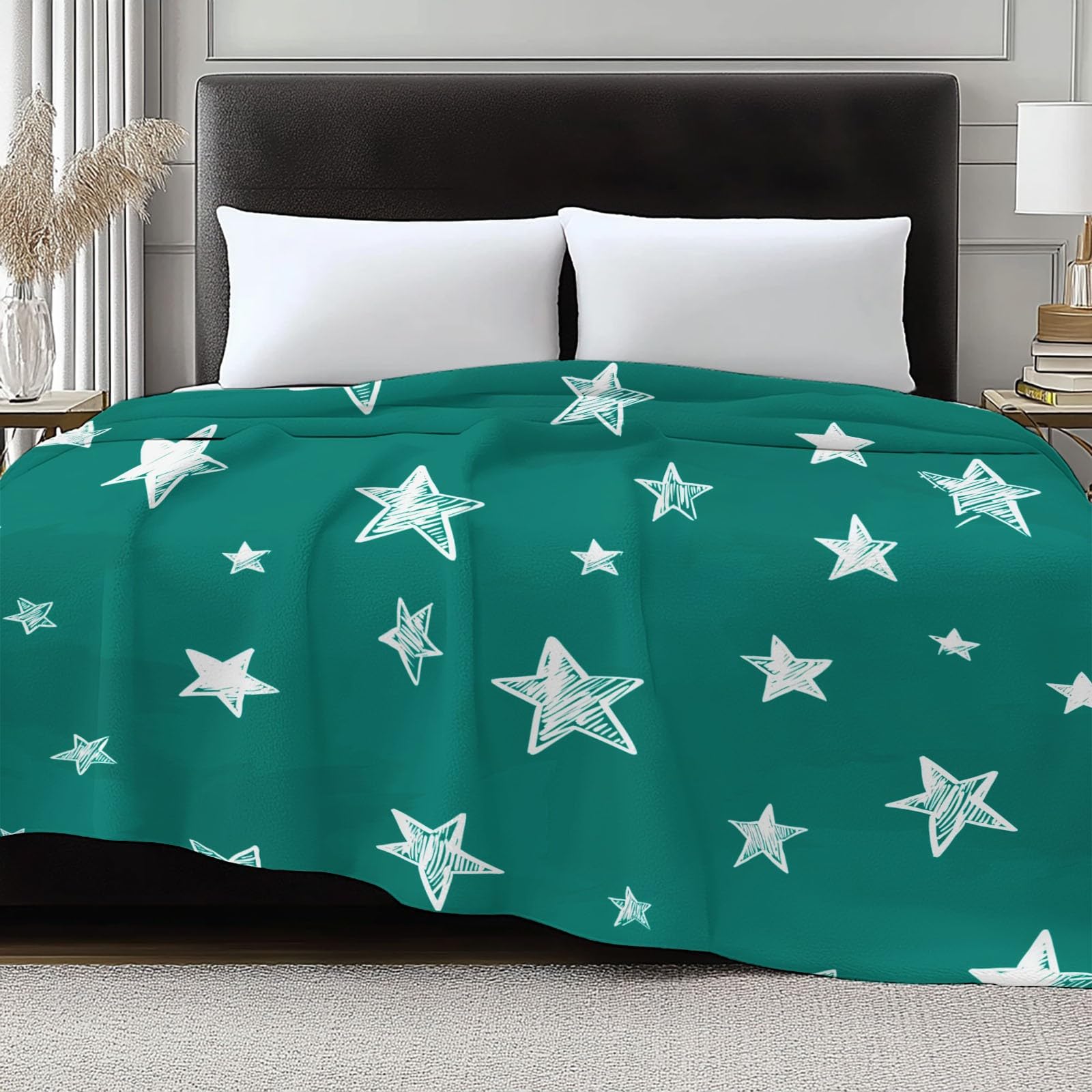Générique Flanelowy koc polarowy ręcznie rysowane białe gwiazdy 220 x 240 cm Puszysty ciepły i miękki turkusowy koc polarowy pluszowa krata, do salonu sypialni