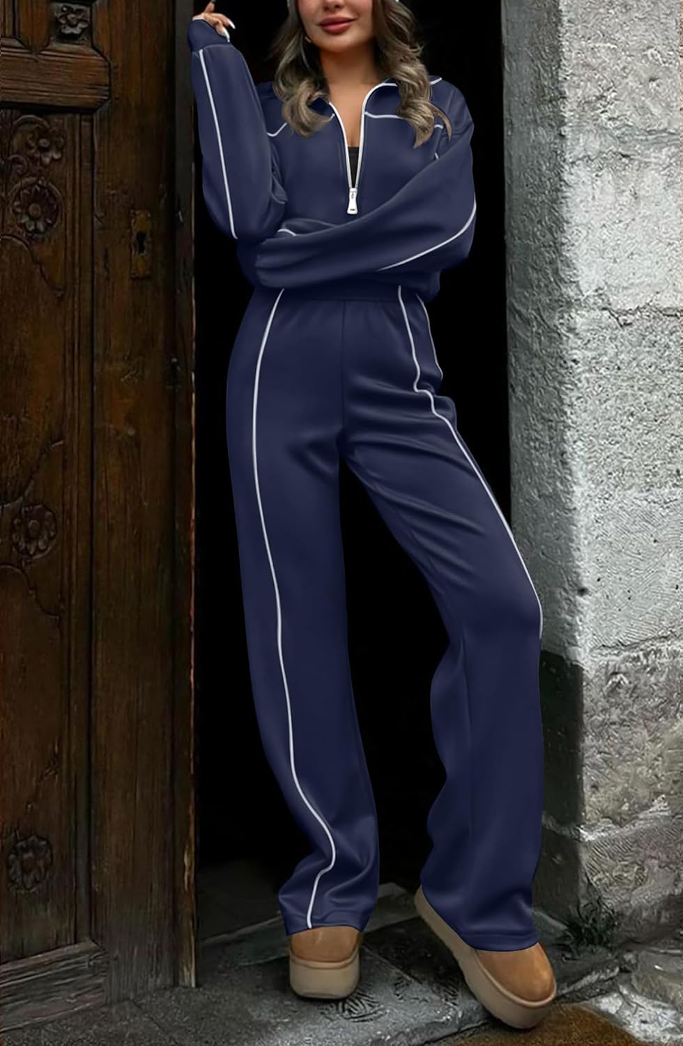 HAEOF Women 2 Piece Sweatsuit 2026 Fall Spring Long Sleeve Zip Up Sweatshirt Jogger Pants Machting Lounge Sets Track Suit - Image 3