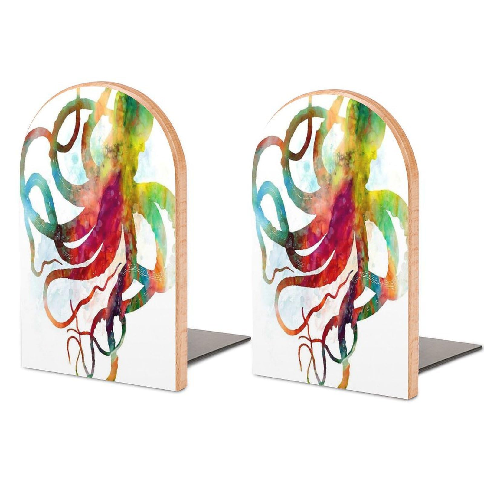 Octopus Squid Color Printing Beech Wood Bookends Heavy Duty Book Organizers Desktop File Holder for Office Home Bookshelf