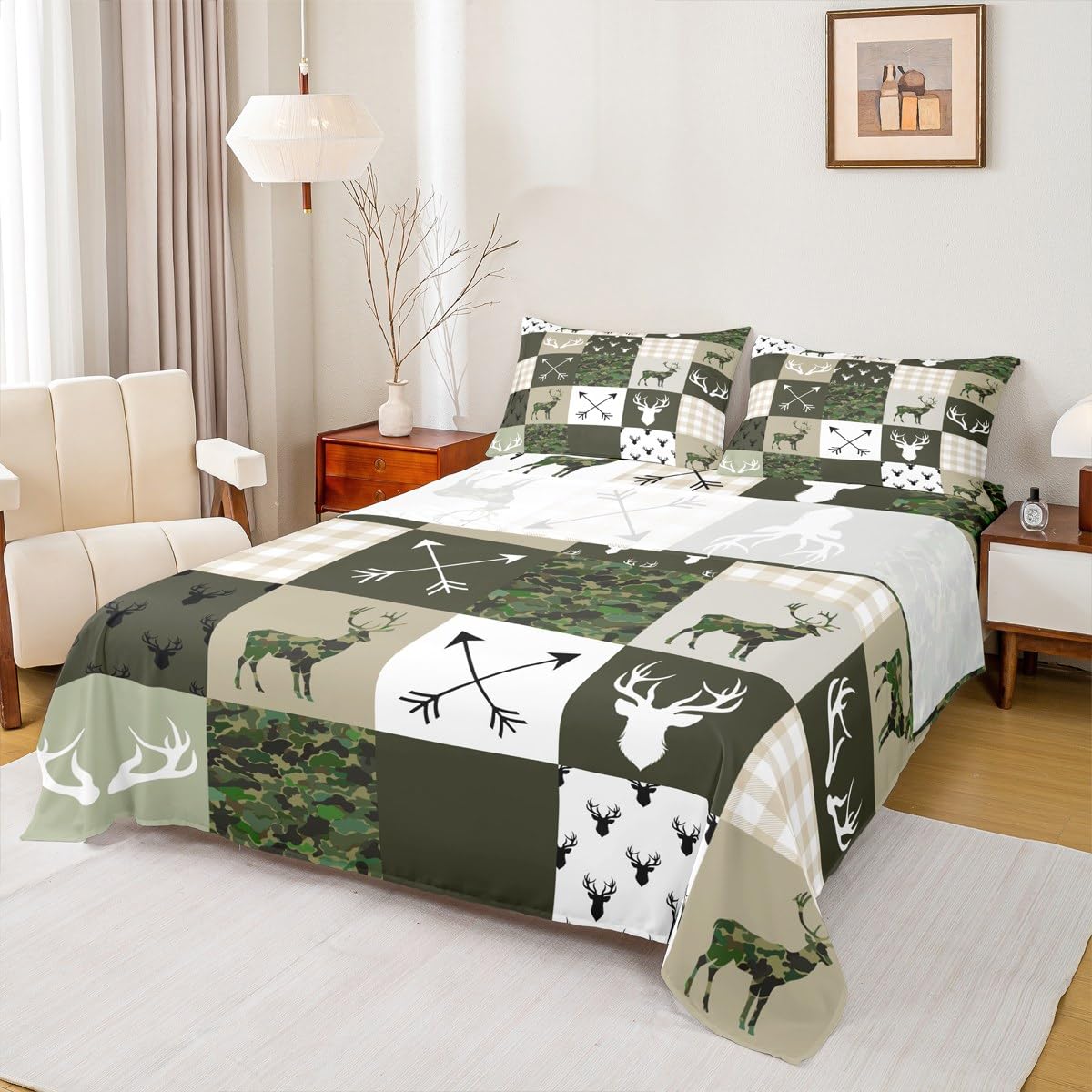 Camo Animal Kids Sheet Full Size,Deer Antlers Silhouette Bedding Set,Girls Boys Adults Bedroom/Xmas Decor,Checkered Geometric Arrow Boho Tribal Bed