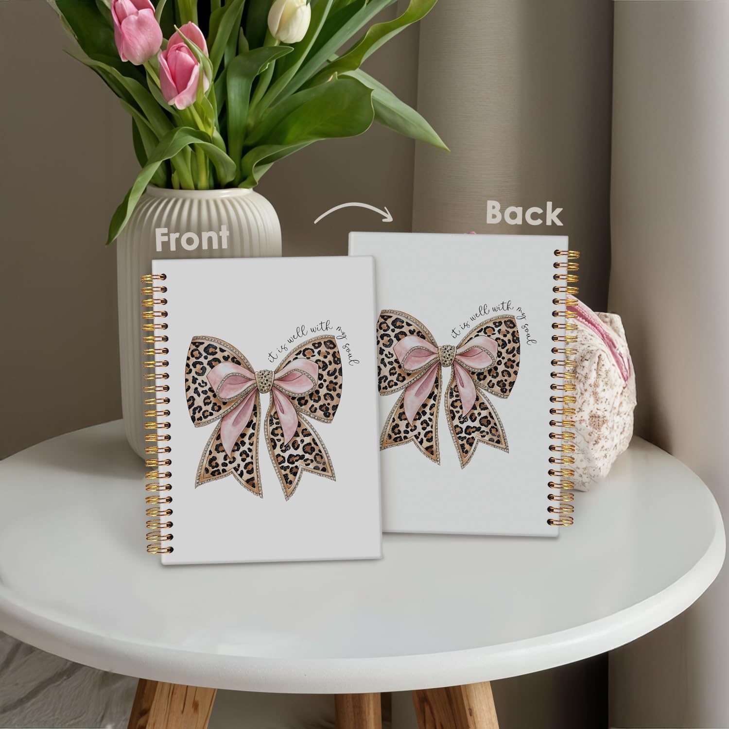 Leopard Coquette Bow Christian Spiral Notebook, Christian Notebook for Women, Religious Prayer Journal for Woman, It is Well with My Soul Scripture Hardcover Notebooks 5.5x8.3 - Image 4