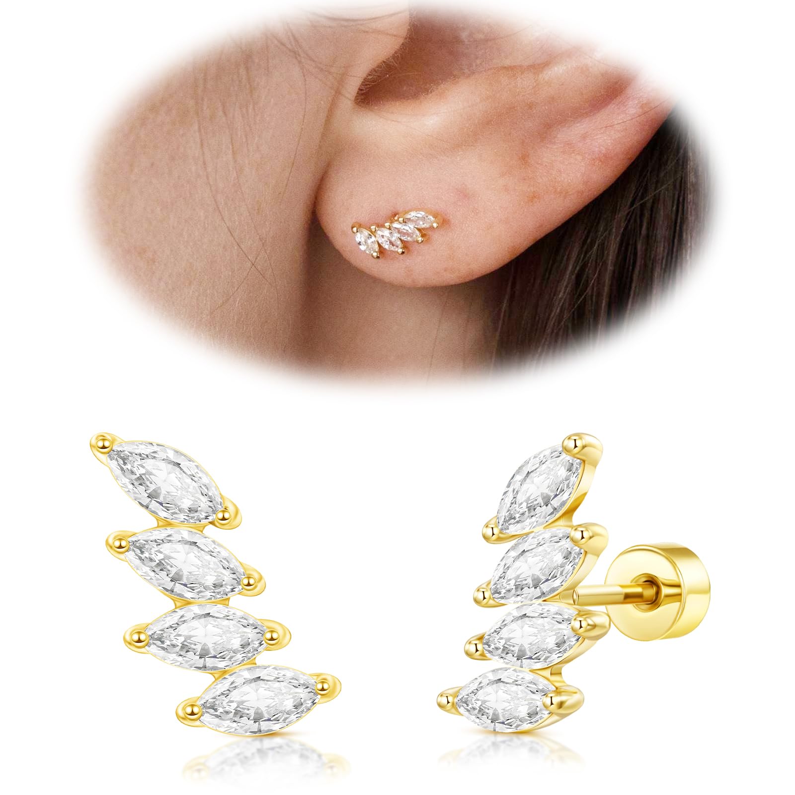 Cartilage Screw Back Earrings for Women, Flat Back Earrings Sterling Silver Hypoallergenic Earrings for Girls Conch Helix Piercing Jewelry Crawler Butterfly Flower Stud Earrings (Leaf, Gold)