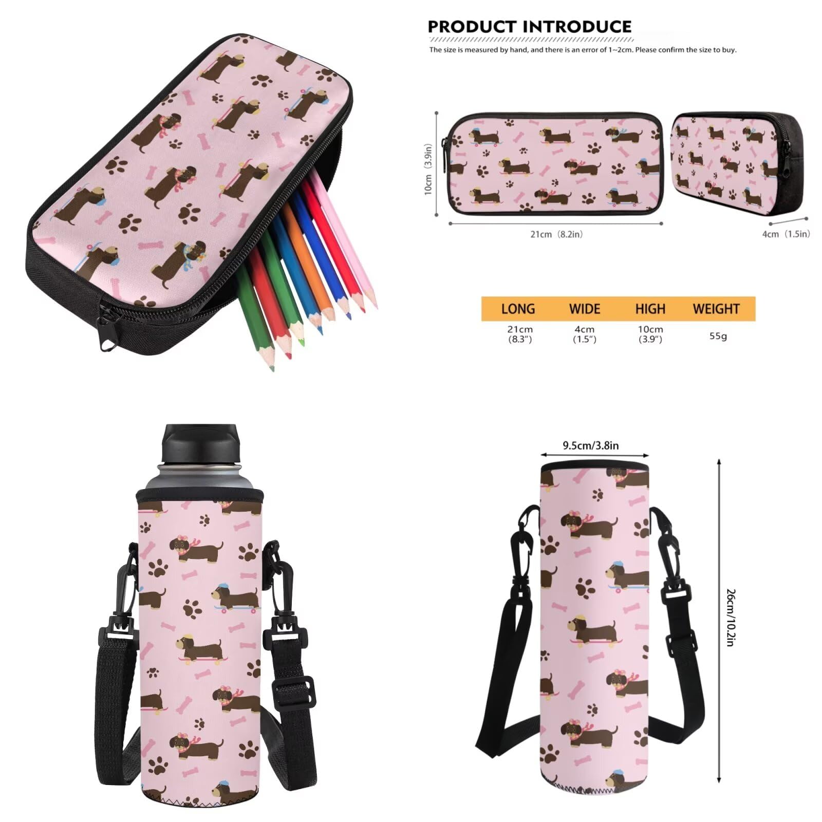 Xoenoiee Mochila escolar para niños con lonchera, estuche para lápices y soporte para botella de agua, para niños y niñas, animales lindos, Dachshund Dog Bone Paw Pink